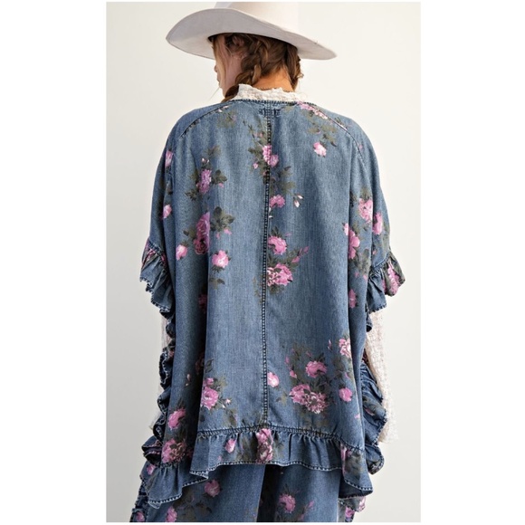 Easel Medium Wash Floral Print Tercel Ruffle Detail Open Front Cardigan - Picture 5 of 5